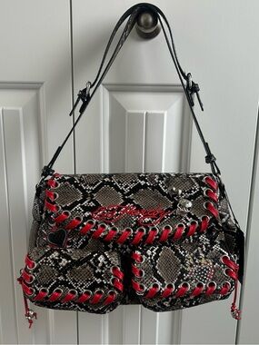 Ed Hardy Black Snakeskin Shoulder Bag with Red Trim